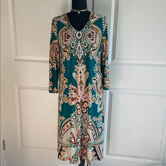 Chico's Dresses & Skirts - Chico’s Teal V-Neck Midi Dress - Elegant Patterned Size 1 (8-10)